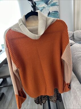 Simple Burnt Orange and Cream Colorblock Cowl Sweater
